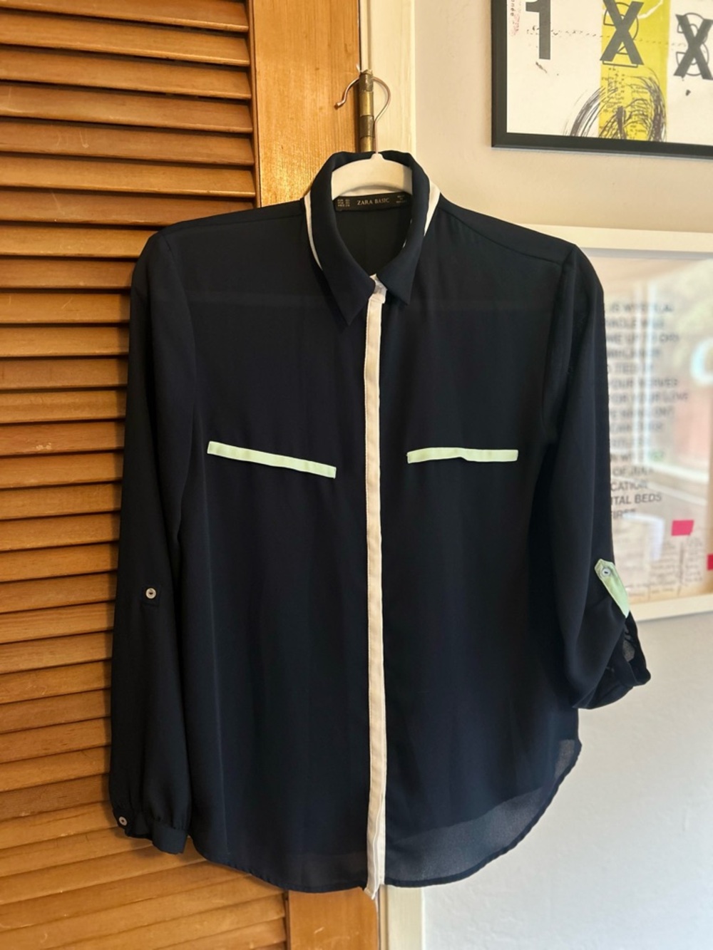 Zara Navy Shirt Jacket with White Placket and Mint Trim